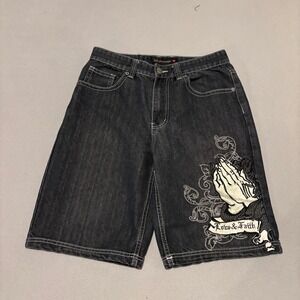 Y2K Jeans Shorts Jorts Size 32 Black Denim Embroidery Grunge Skateboard Summer